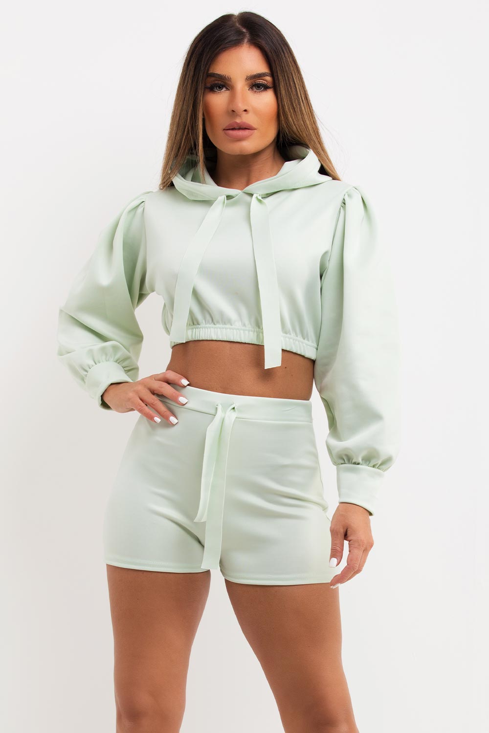 crop hoodie with puff sleeves and shorts co ord