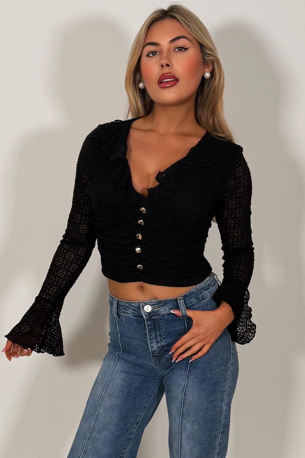 frilly ruffle hem long sleeve crop top with gold buttons summer holiday clothes styledup fashion uk
