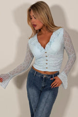 frilly ruffle long sleeve top with gold buttons for womens summer holiday clothes styledup uk 