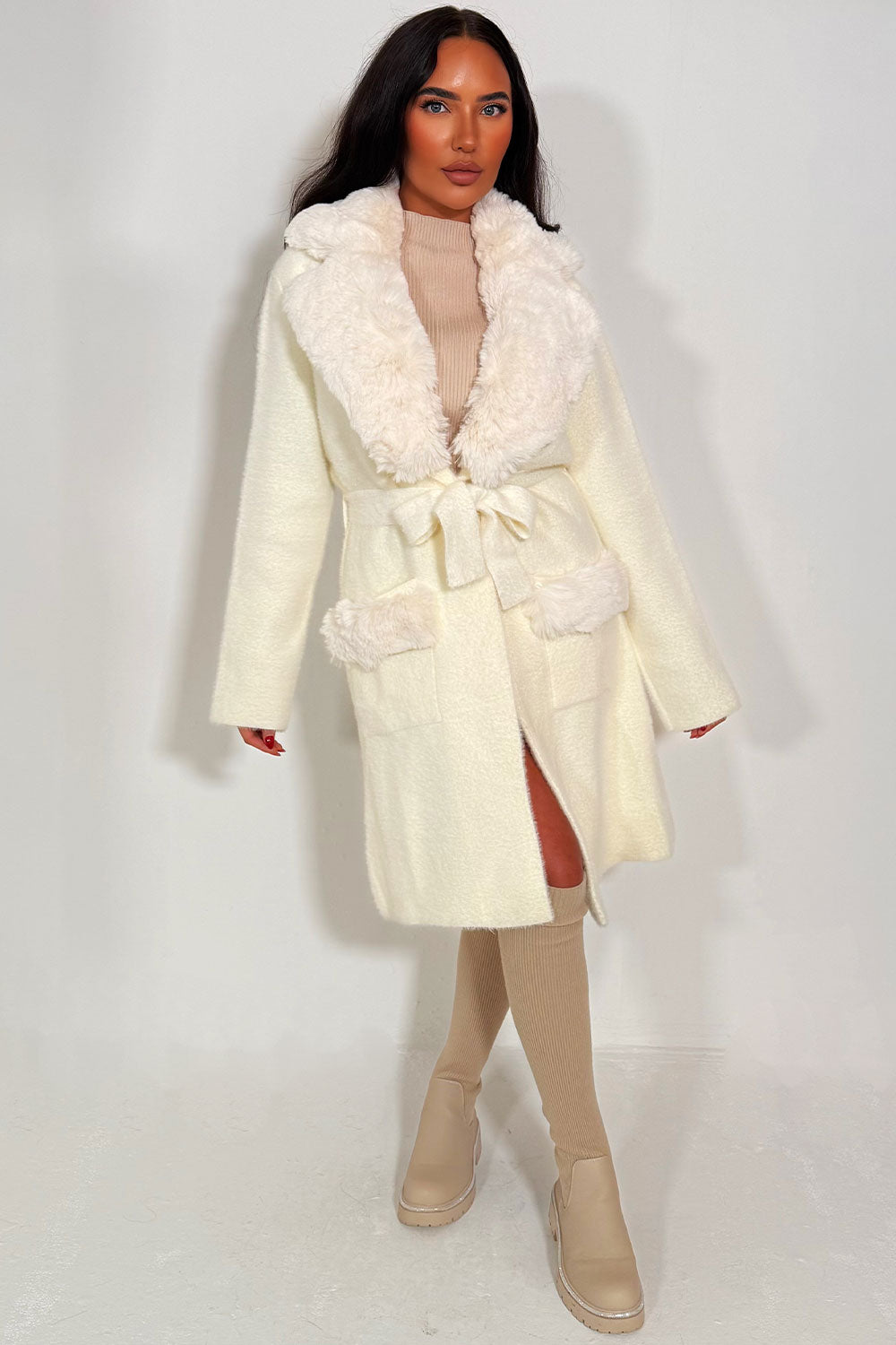 faux fur collar and cuff longline belted coat 