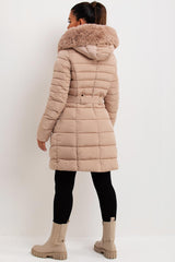 long puffer coat with faux fur hood and trim sale womens uk