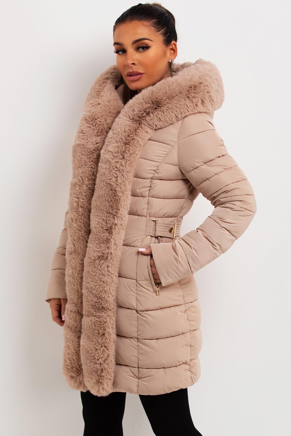 womens puffer padded hooded coat with luxury fur trim