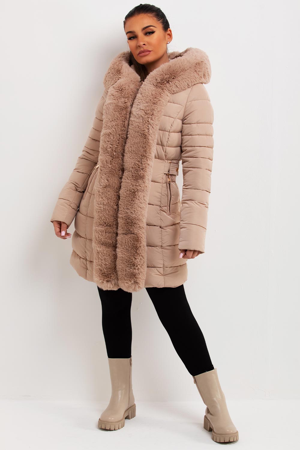 faux fur hooded padded puffer coat womens