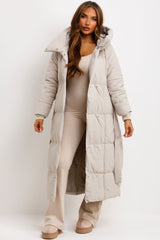 womens long puffer padded coat with hood and belt for winter