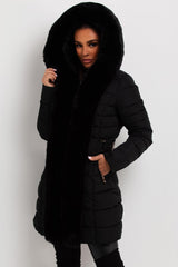 womens puffer padded coat with luxury fur hood and trim