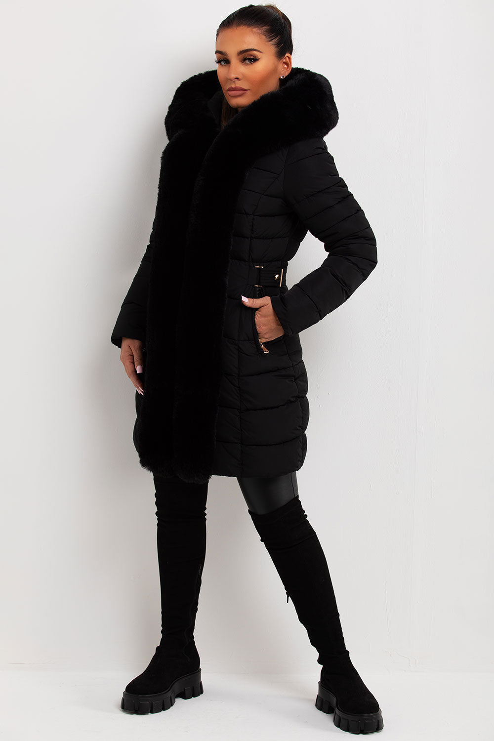 long puffer coat with fur hood and trim