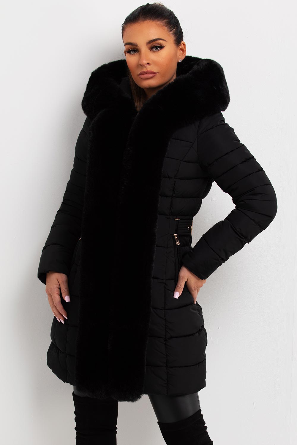 faux fur hooded padded long puffer coat womens