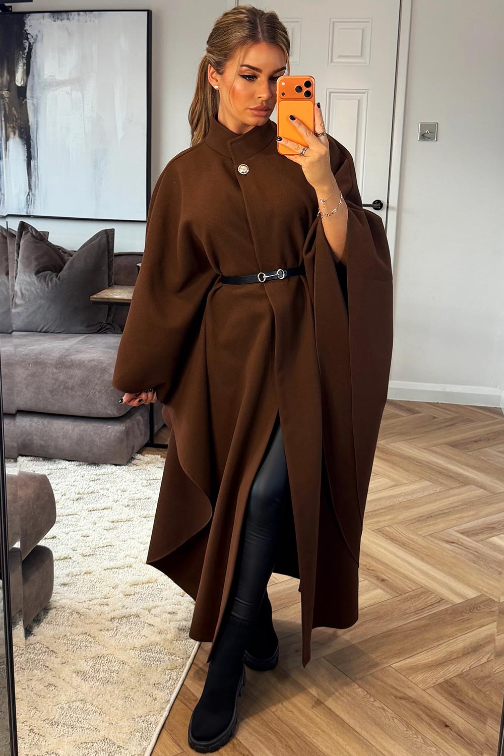 womens cape with belt brown styledup