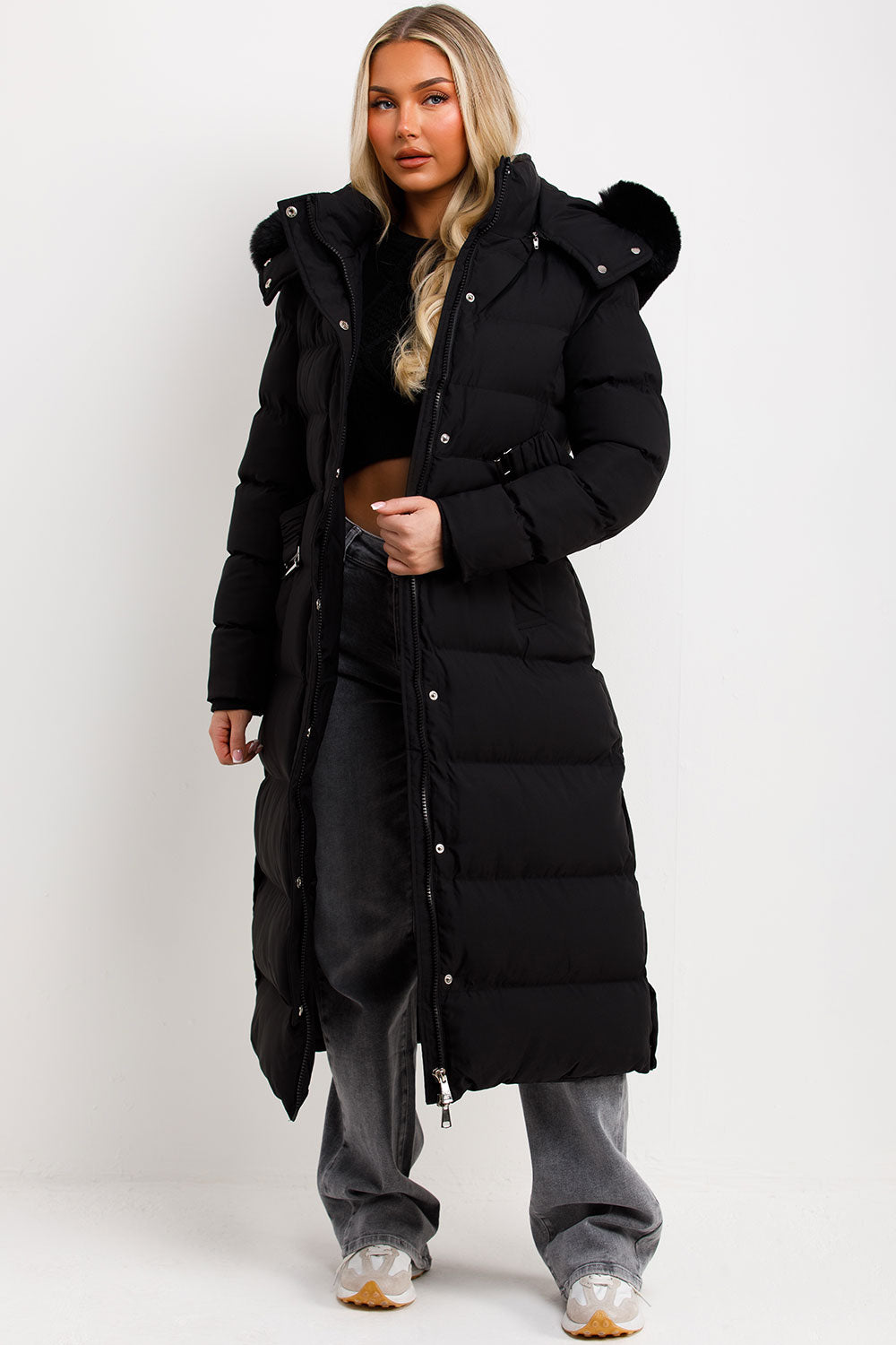 womens thick black long fur hood puffer padded coat for winter with waist belt styledup
