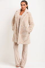 fur coat with belt and button fastening for womens