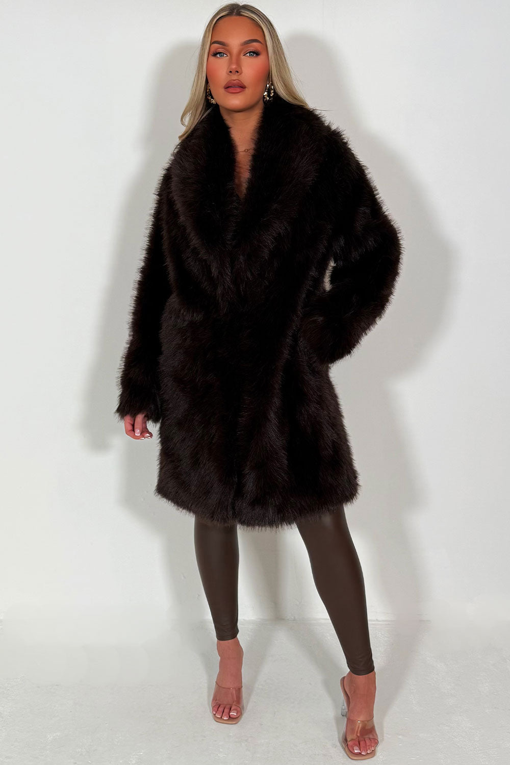 womens longline fur coat with long slevees styledup brown
