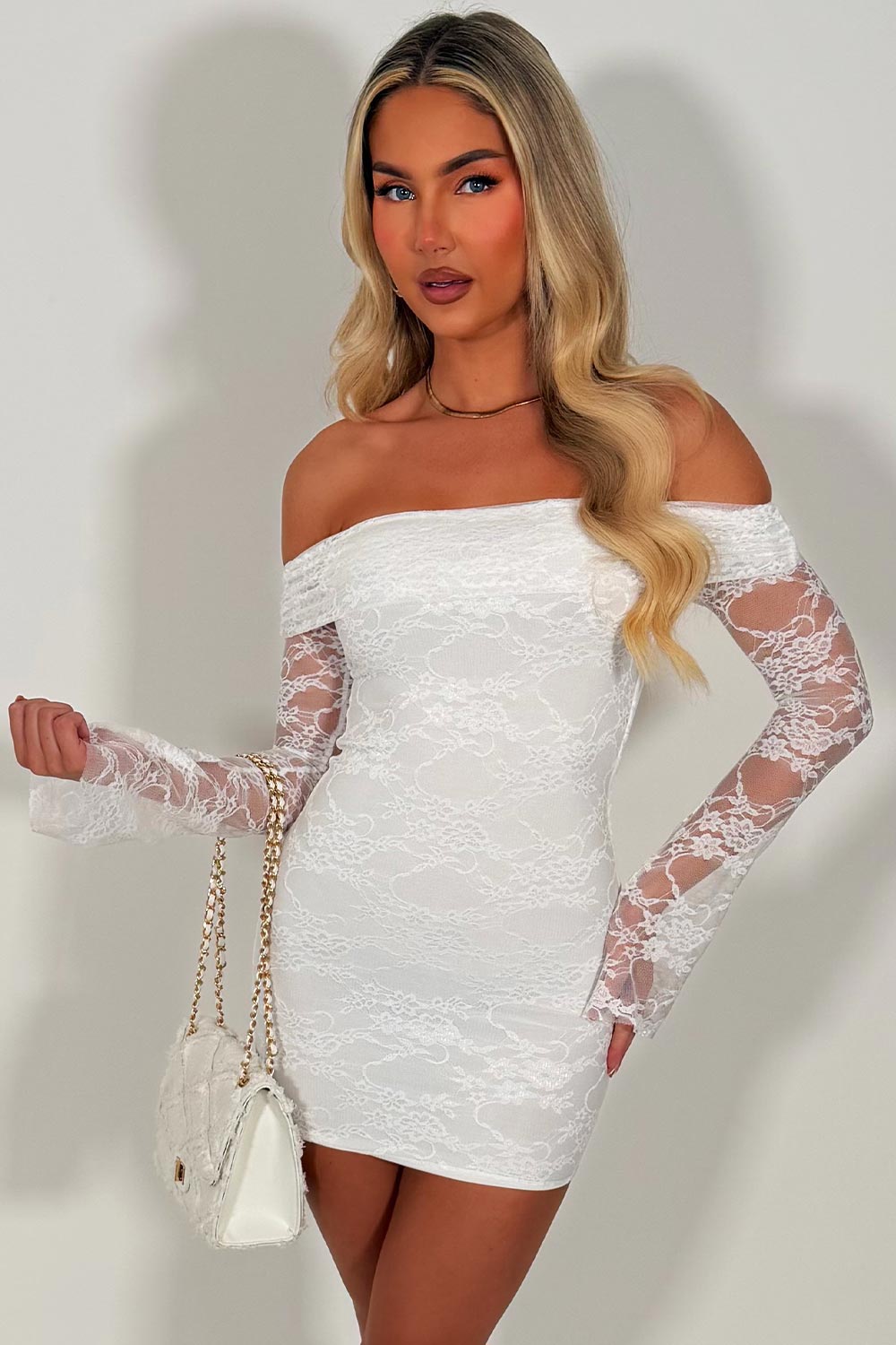 womens white summer going out holiday outfit long sleeve lace dress styledup uk