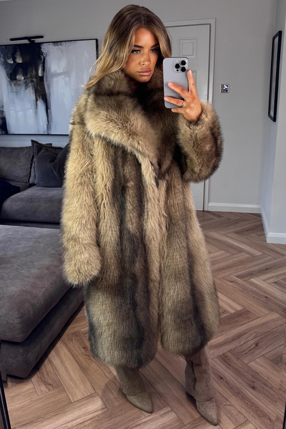 taupe faux fur coat with collar styledup uk