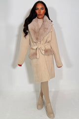 womens faux fur collar faux fur cuff belted long coat christmas outerwear styledup