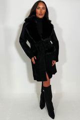 faux collar and cuff long belted coat for womens 