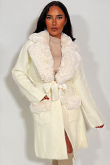 faux collar and cuff long belted coat for womens 