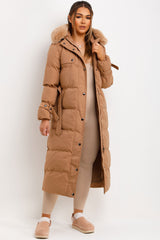 womens fur hood long padded puffer coat with belt camel 