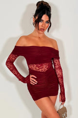 long lace sleeve off the shoulder festival christmas party mini dress burgundy styledup 