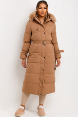 womens long padded puffer coat with belt and fur hood extremely warm