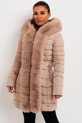 womens puffer coat with faux fur hood and trim outerwear