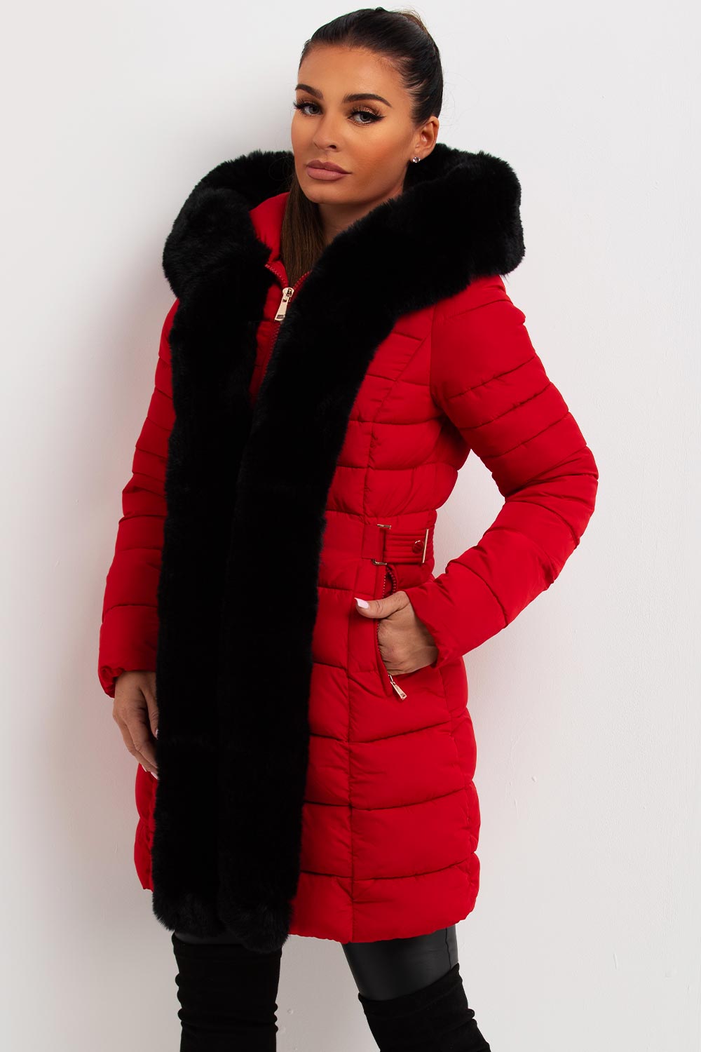 womens faux fur hood padded puffer hooded coat sale uk