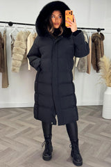 faux fur hood long puffer down coat with fur hood 