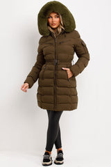 long winter puffer padded coat with belt