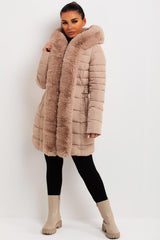 puffer coat with fur hood and trim womens outerwear