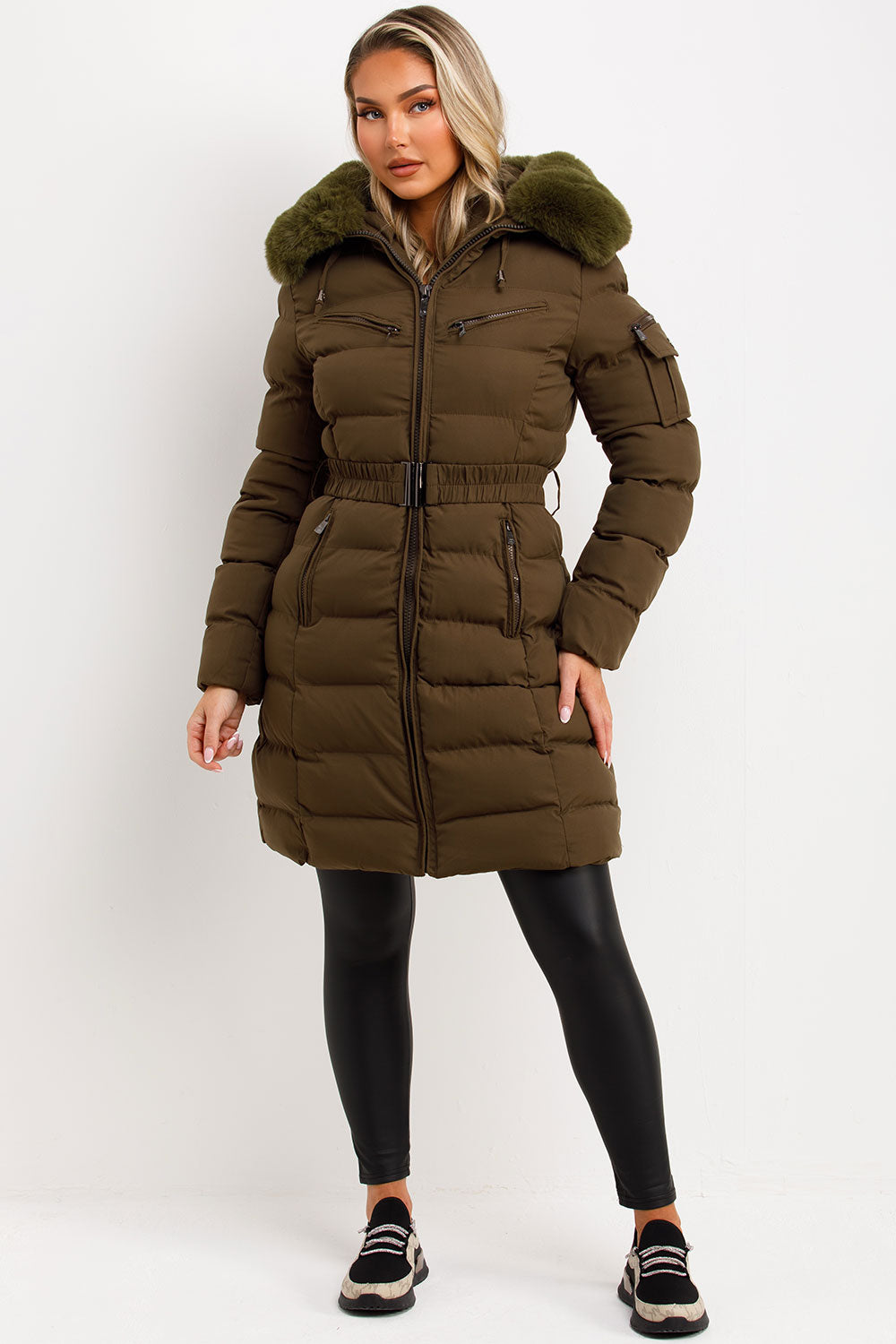 womens padded puffer longline coat with fur hood womens