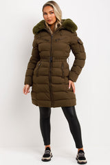 womens padded puffer longline coat with fur hood womens