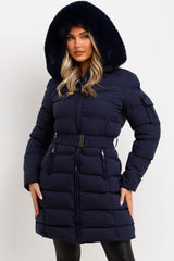 womens padded puffer longline coat with fur hood womens