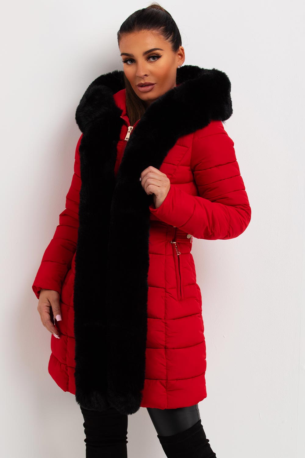 puffer padded coat with faux fur hood and trim