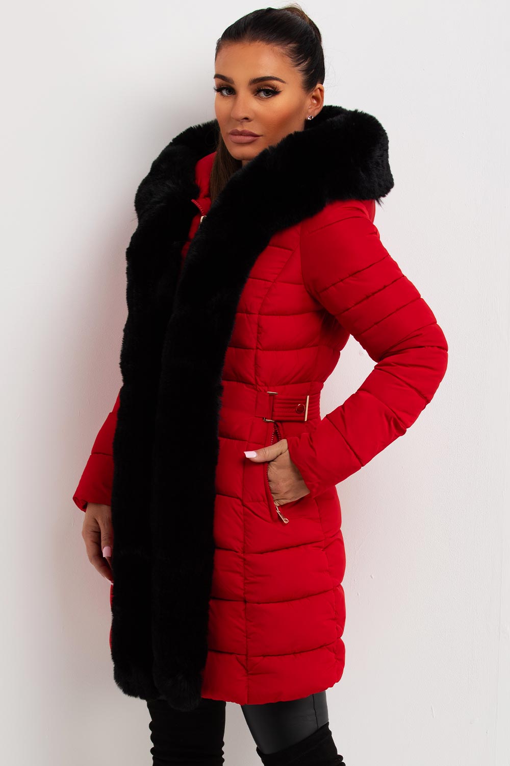 womens puffer coat with faux fur hood and trim