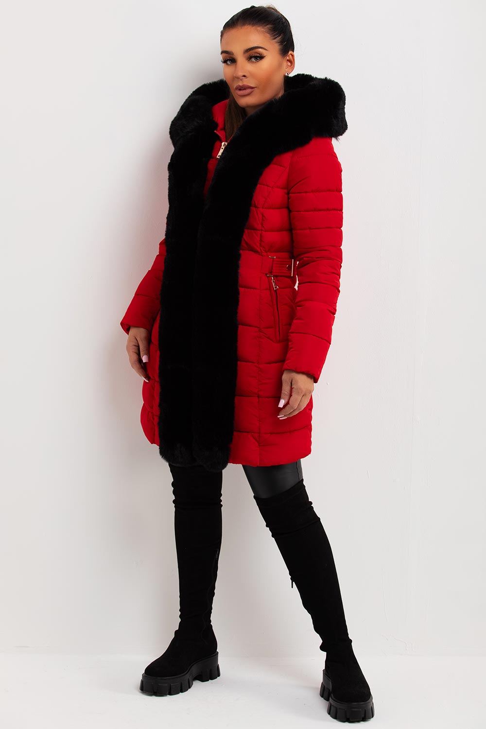 womens red padded puffer coat with faux fur hood and trim