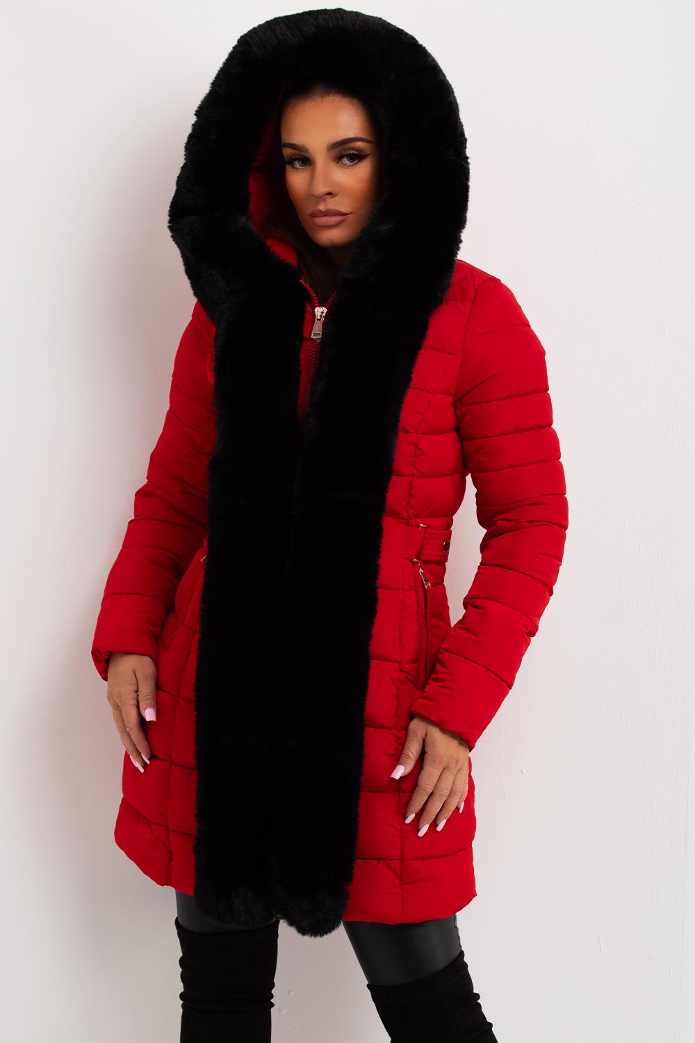 padded puffer coat with faux fur hood and trim womens uk sale