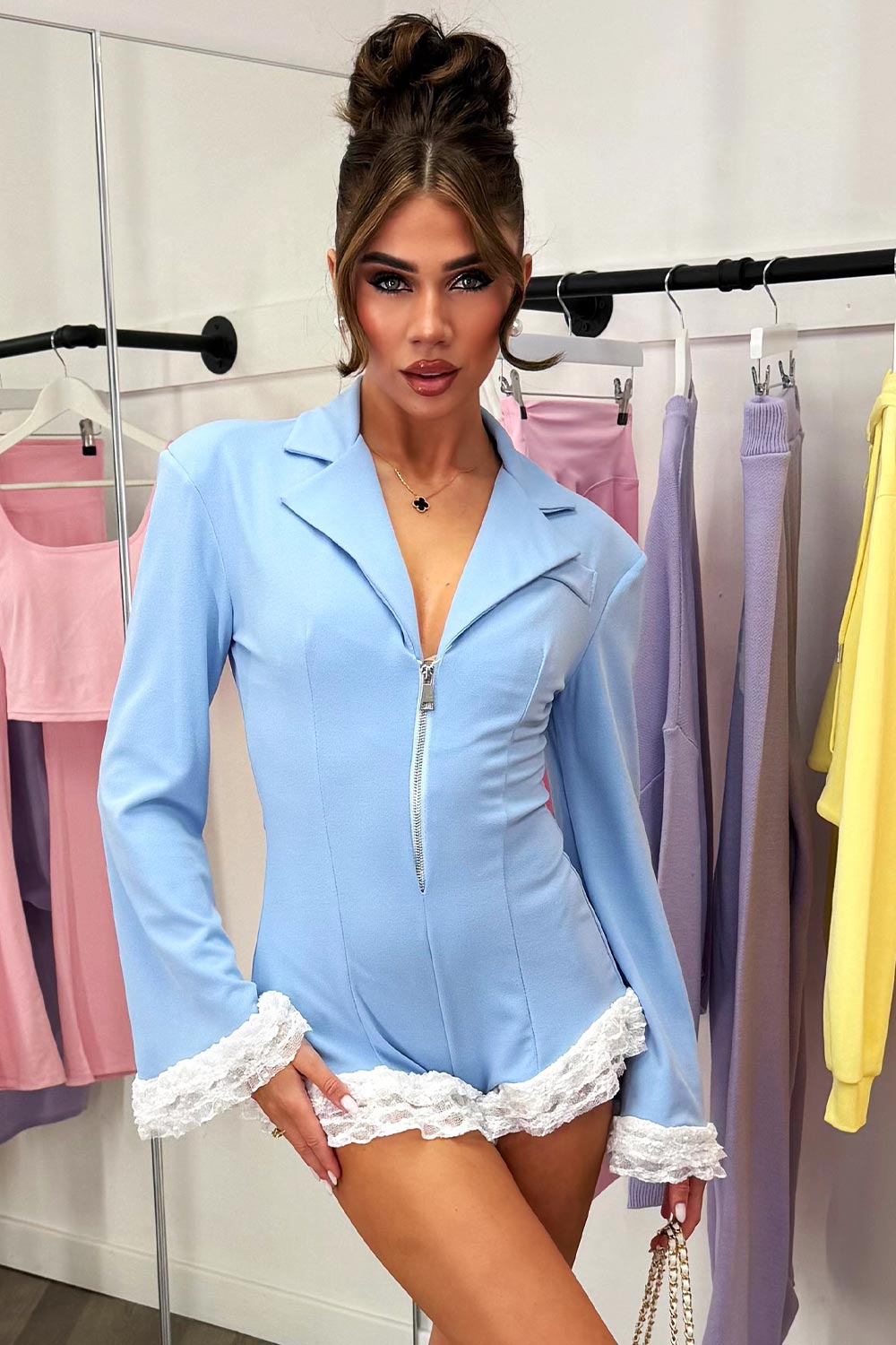 playsuit with lapel collar long slevees ruffle frilly lace trim styledup 