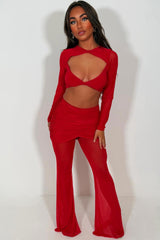 womens mesh lace flare trousers and long sleeve cut out twist front crop top two piece co ord set red styledup 