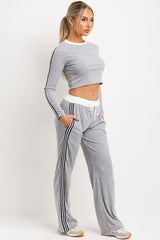 grey rib tracksuit with contrast side stripes womens loungewear co ord