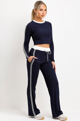 navy rib tracksuit with contrast side stripes womens loungewear co ord