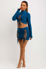 womens long sleeve crop top and mini bodycon skirt co ord set