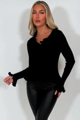 womens long sleeve knitted jumper with ruffle frill hem black styledup