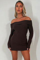 long sleeve knitted dress with fold over off shoulder neck line