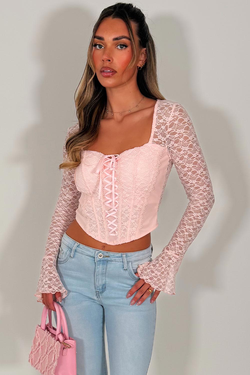 pink lace long sleeve corset top going out occasion festival night out outfit styledup uk