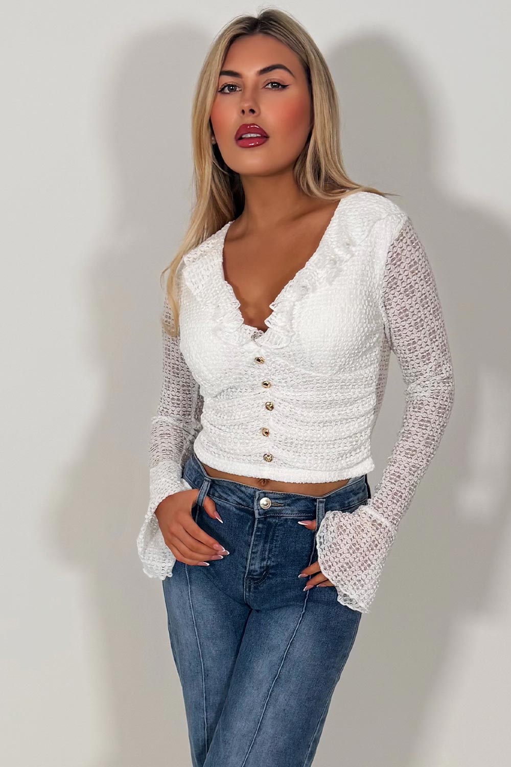 long sleeve ruffle frilly top with gold buttons summer holiday clothes styledup fashion uk