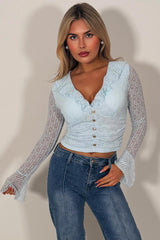 long sleeve ruffle frilly top with gold buttons summer holiday clothes styledup fashion uk 