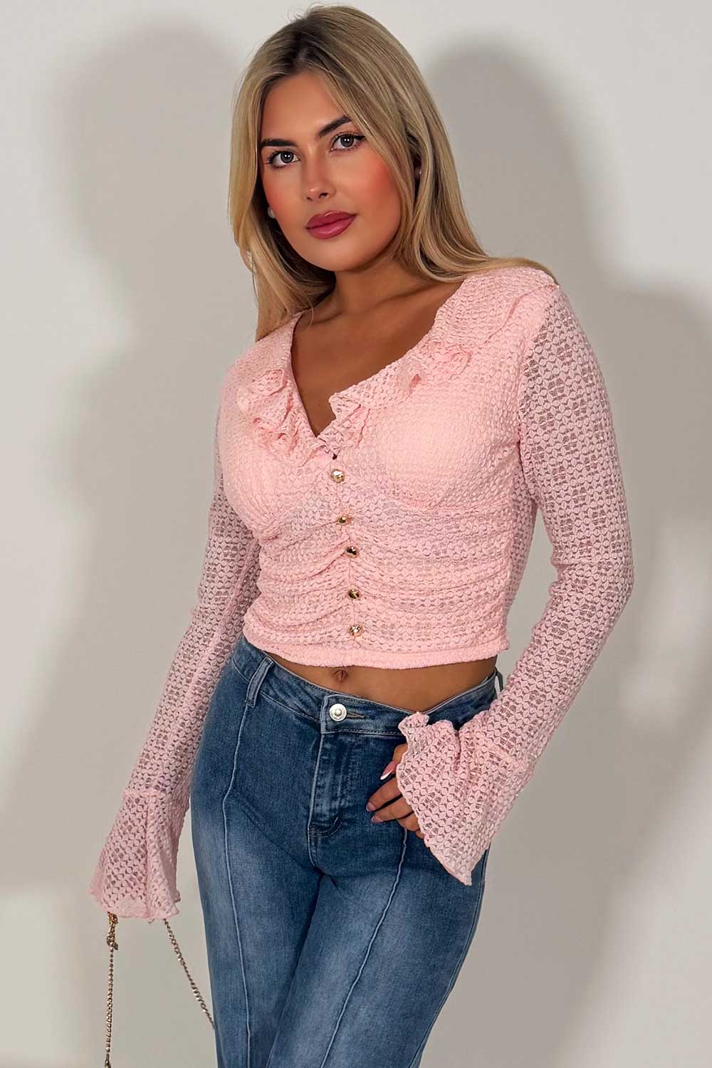 frilly ruffle long sleeve top with gold buttons summer holiday outfit 