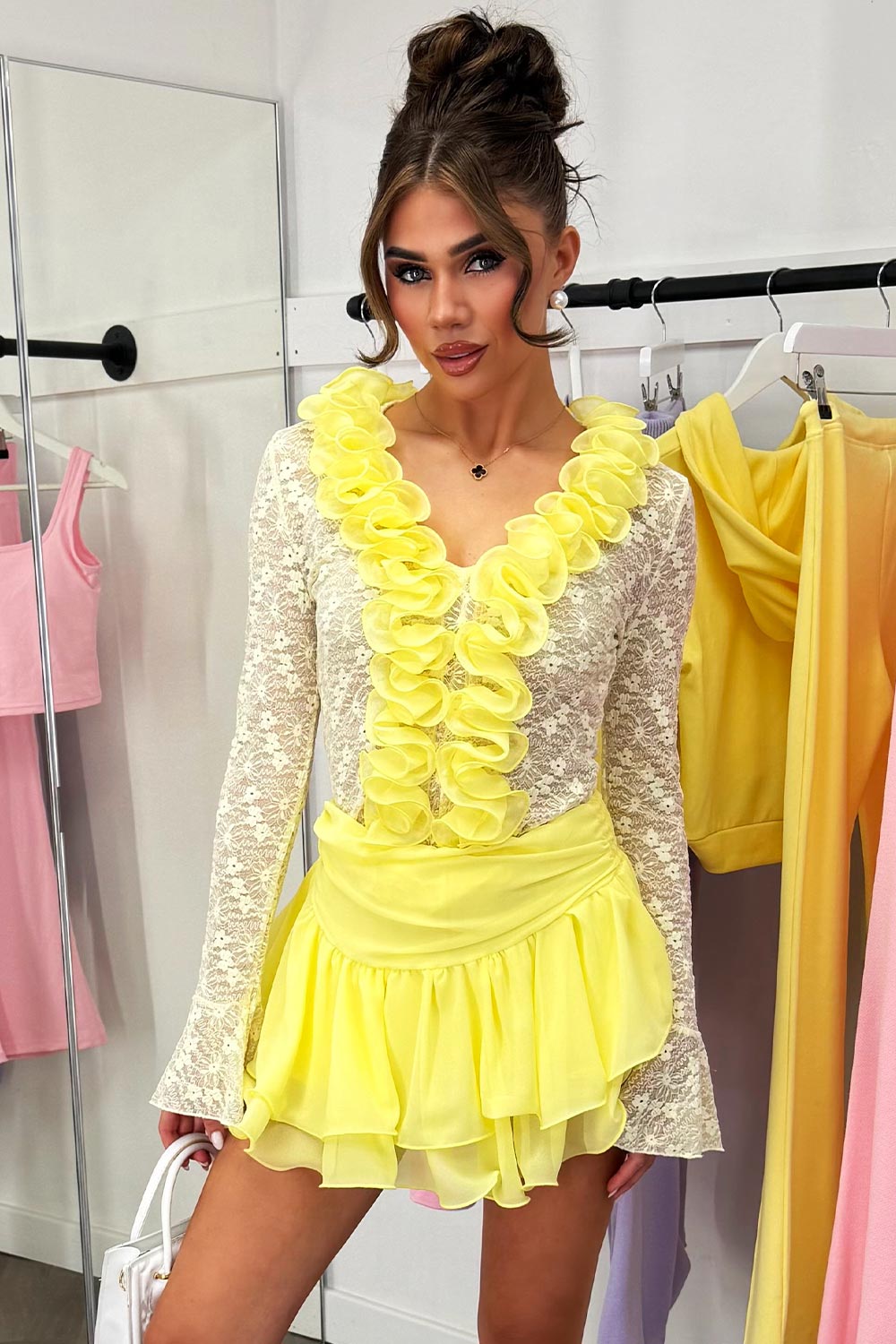 long sleeve sheer lace top with ruffle frilly detail on the front in yellow colour perfect for races ladies day out outfit styledup 