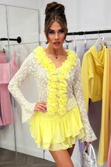 long sleeve yellow lace top with ruffle frill hem styledup 