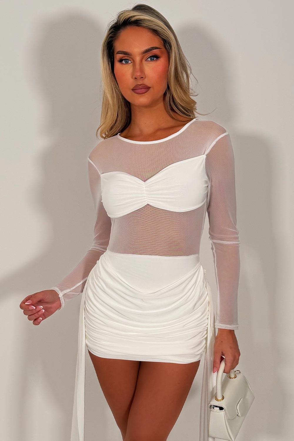 Lace Mini Dress Ruched Drape Detail White Going Out Occasion Outfit –  Styledup.co.uk