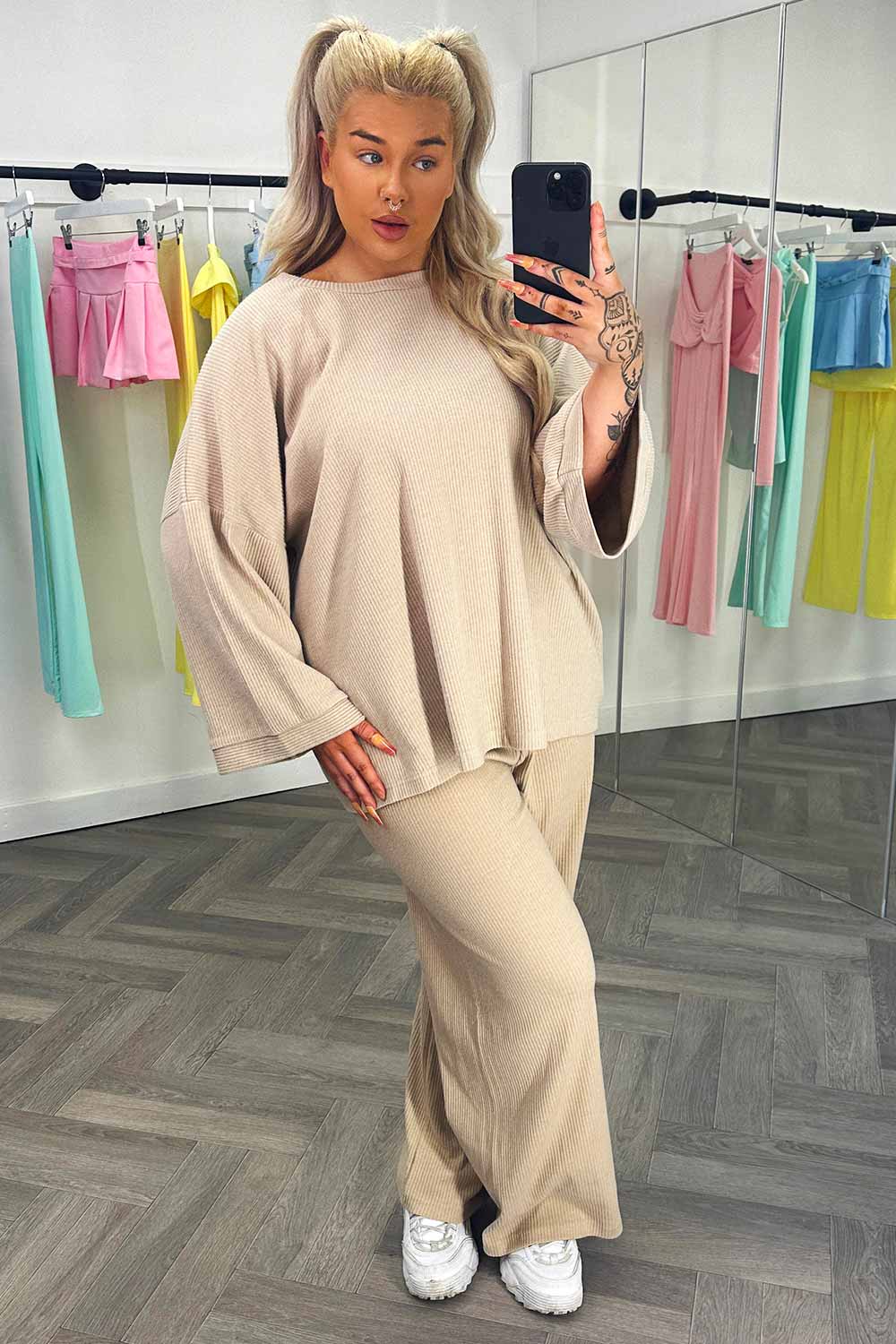 womens loungewear oversized ribbed top with wide leg trousers